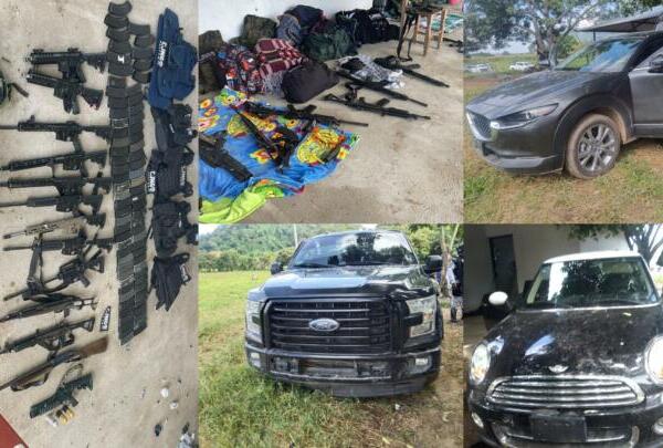Guardia Nacional, Ejército Mexicano y Policía Estatal realizaron el aseguramiento de armamento, vehículos y equipo táctico en Villacorzo, Chiapas