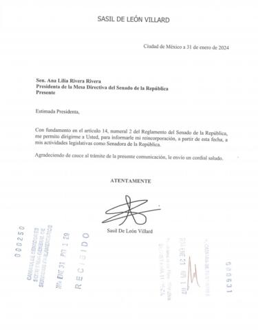 Solicita Sasil de León a la Mesa Directiva del Senado de la República su reincorporación a su curul