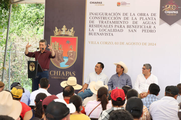 En Villa Corzo, Rutilio Escandón inaugura Planta de Tratamiento de Aguas Residuales de San Pedro Buenavista