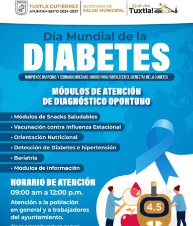 Invita Ayuntamiento de Tuxtla Gutiérrez a participar en acciones de prevención en el Día Mundial de la Diabetes