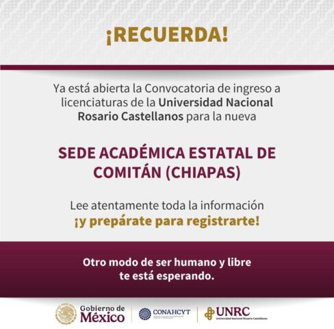 Totalmente gratuito, ingreso para la Universidad Nacional Rosario Castellanos sede Comitán