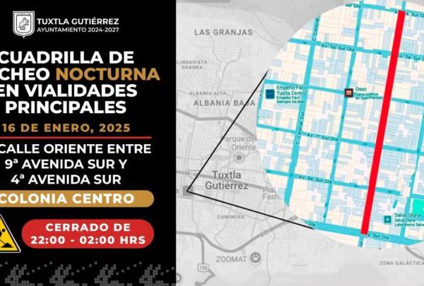 Anuncia Ayuntamiento de Tuxtla bacheo nocturno en el centro de Tuxtla