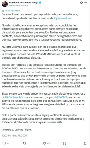 SCJN avala al SAT para cobrar a Grupo Salinas 51 mil millones de pesos; Salinas Pliego responde