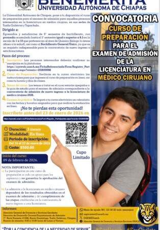 Abierta las inscripciones del curso de preparación para el examen de admisión de la Licenciatura en Médico Cirujano en la UNACH