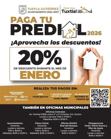 Invita Ayuntamiento de Tuxtla aprovechar los dos últimos días del 20% de descuento en el pago del predial
