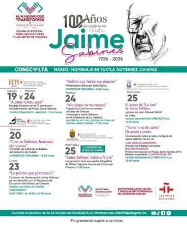Coneculta conmemorará el centenario del natalicio del poeta Jaime Sabines Gutiérrez